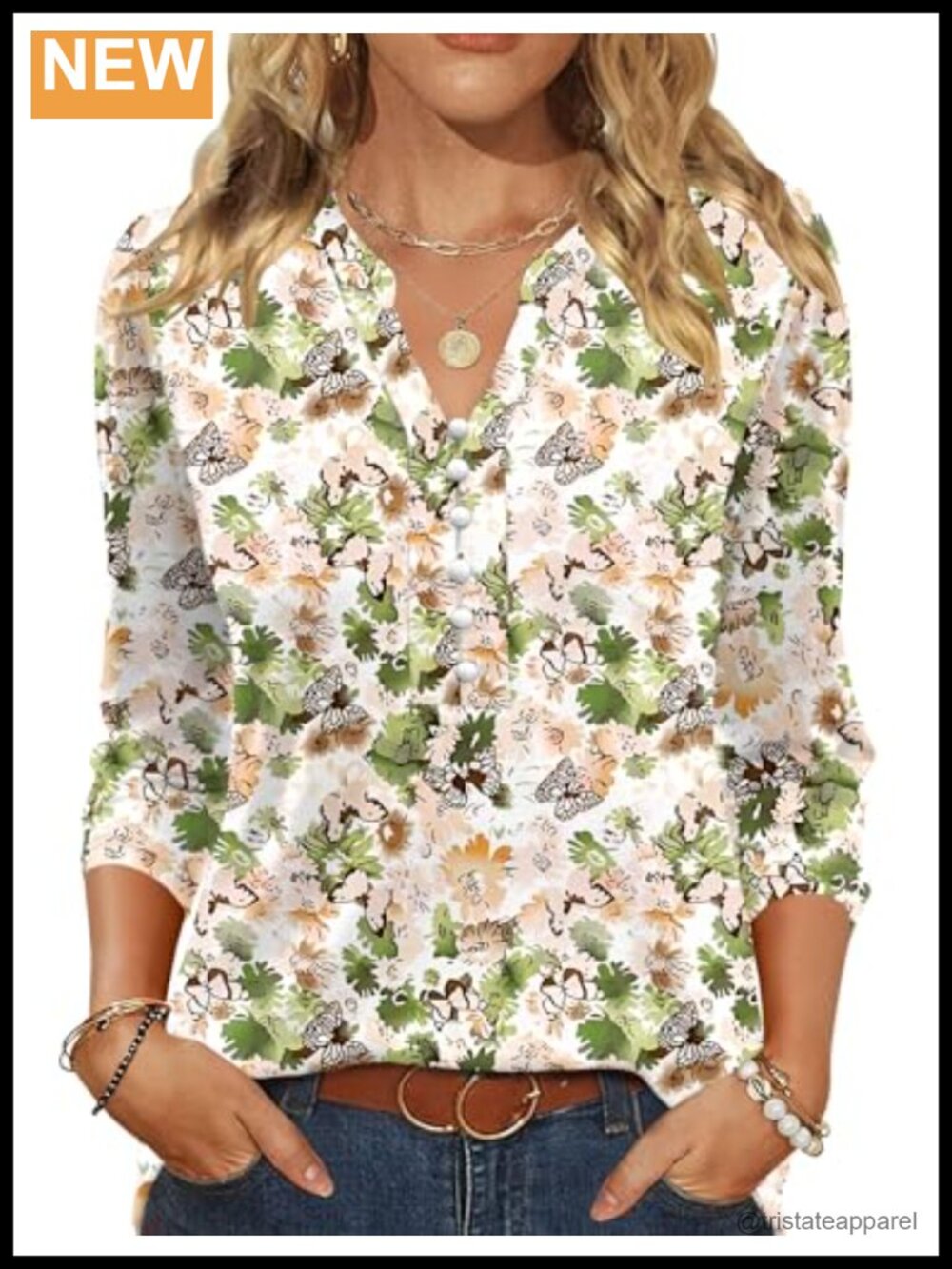 Womens Blouse 3/4 Sleeve Pearl Button Down Tunic Top Business Casual